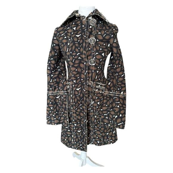 Tuleh Printed Brown Trench Coat Size 2 Cotton Geometric - Picture 2 of 15